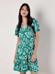 Apricot Green Sarasa Print Wrap Mini Dress - Image 1 of 5