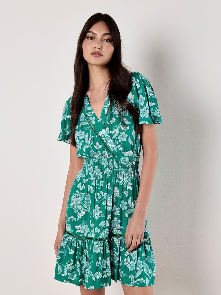 Apricot Green Sarasa Print Wrap Mini Dress - Image 1 of 5