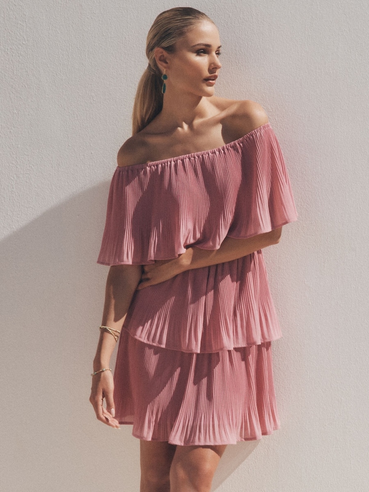 Apricot Purple Plisse Layered Bardot Dress - Image 1 of 6