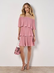 Apricot Purple Plisse Layered Bardot Dress - Image 3 of 6