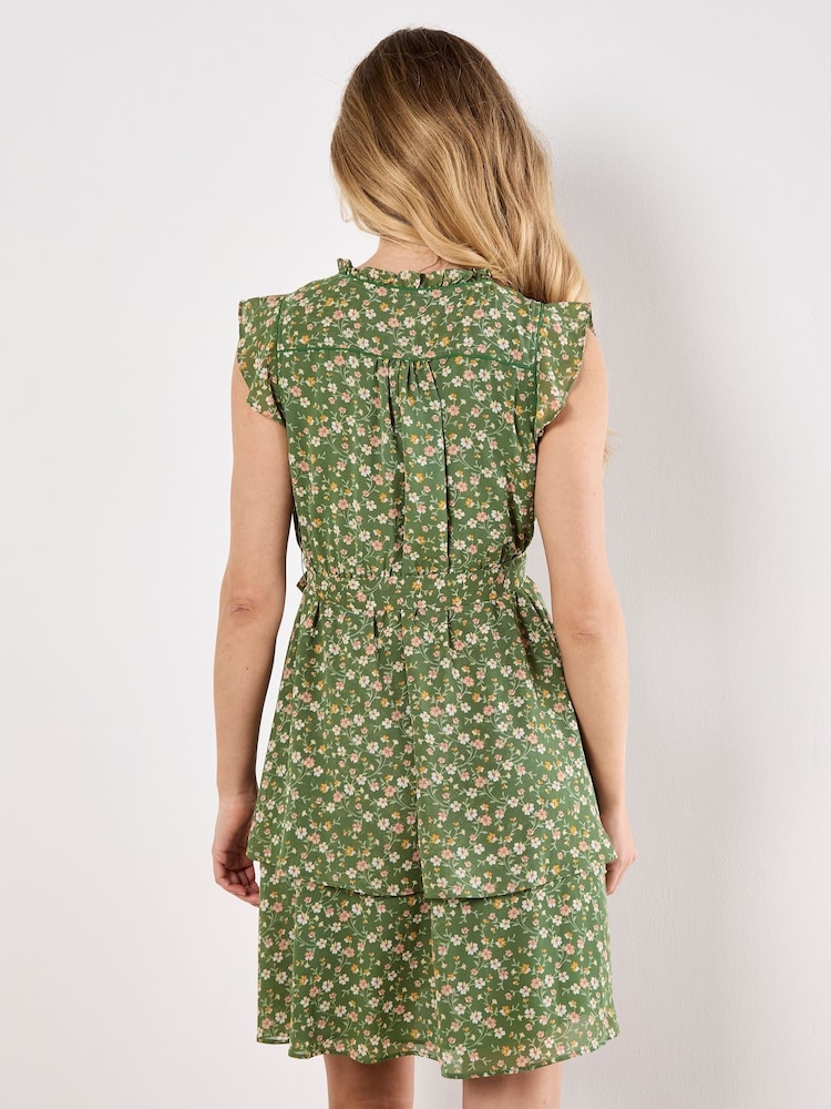 Apricot Green Tiny Vine Flower Print Layered Dress - Image 5 of 5