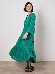 Apricot Green Embroidered Textured 100% Cotton Midi Dress - Image 1 of 5