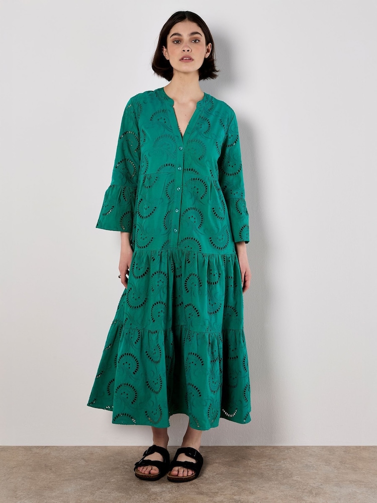 Apricot Green Embroidered Textured 100% Cotton Midi Dress - Image 2 of 5