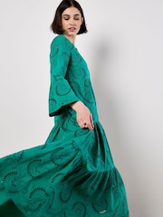 Apricot Green Embroidered Textured 100% Cotton Midi Dress - Image 4 of 5