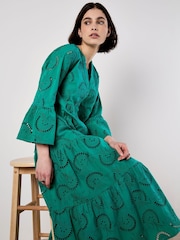 Apricot Green Embroidered Textured 100% Cotton Midi Dress - Image 5 of 5