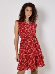 Apricot Red Tiny Vine Flower Print Layered Dress - Image 1 of 5