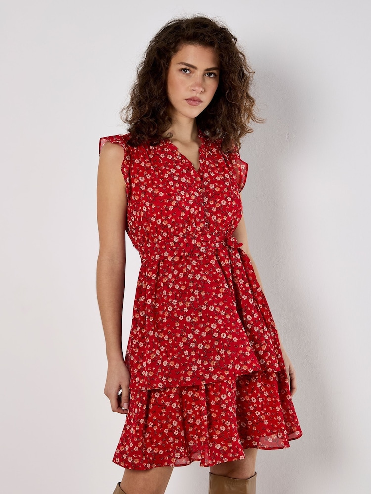 Apricot Red Tiny Vine Flower Print Layered Dress - Image 1 of 5