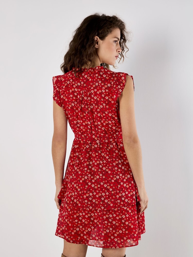 Apricot Red Tiny Vine Flower Print Layered Dress - Image 2 of 5