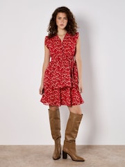 Apricot Red Tiny Vine Flower Print Layered Dress - Image 3 of 5