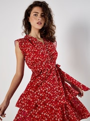 Apricot Red Tiny Vine Flower Print Layered Dress - Image 4 of 5