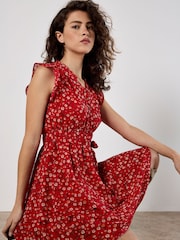 Apricot Red Tiny Vine Flower Print Layered Dress - Image 5 of 5