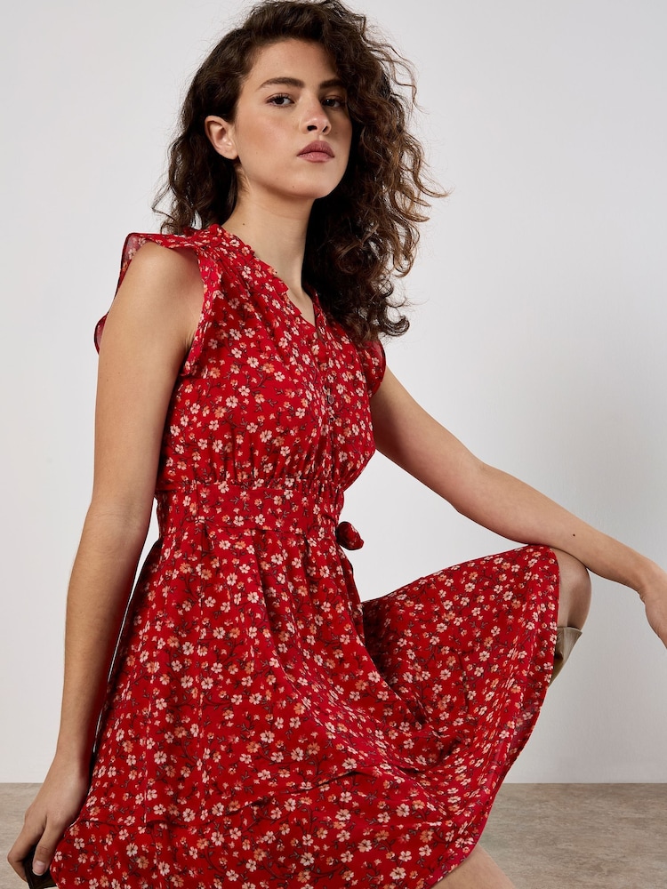 Apricot Red Tiny Vine Flower Print Layered Dress - Image 5 of 5