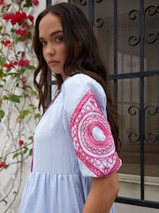 Another Sunday Blue Stripe Embroidered Button Through 100% Cotton Shirt Dress - Image 2 of 4
