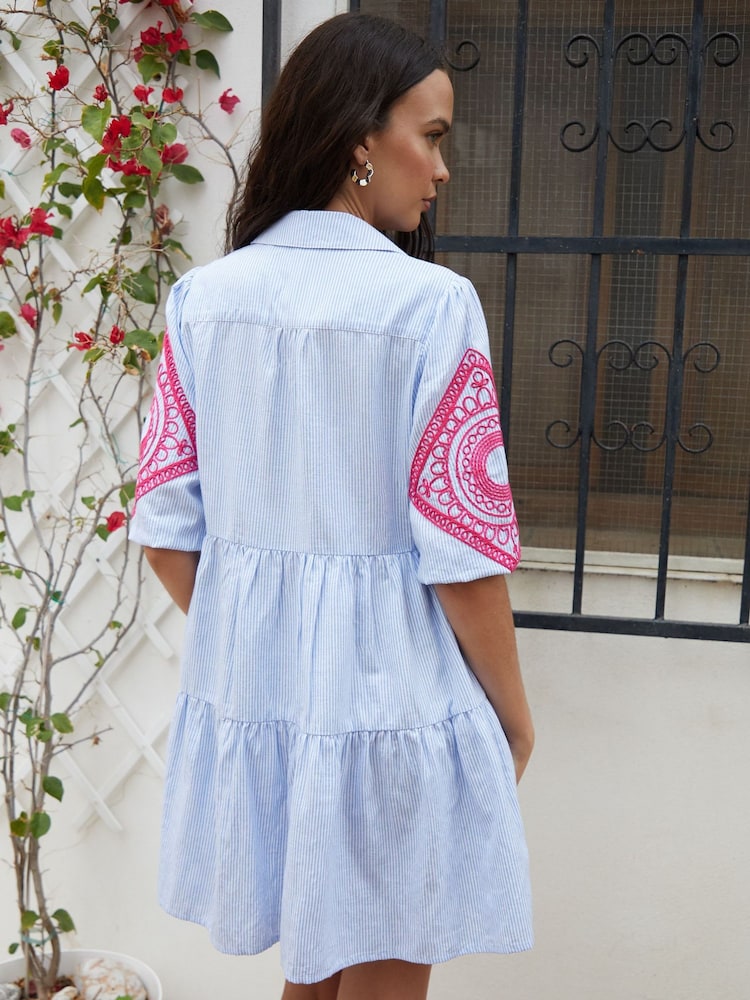Another Sunday Blue Stripe Embroidered Button Through 100% Cotton Shirt Dress - Image 3 of 4