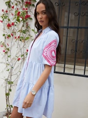 Another Sunday Blue Stripe Embroidered Button Through 100% Cotton Shirt Dress - Image 4 of 4