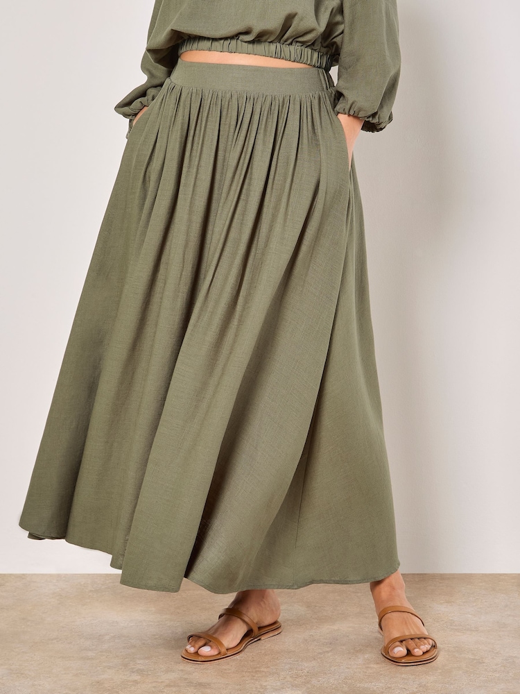 Apricot Green Linen Pleated Full Midi Skirt - Image 1 of 4