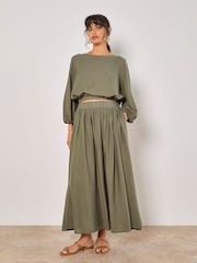 Apricot Green Linen Pleated Full Midi Skirt - Image 2 of 4