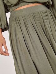 Apricot Green Linen Pleated Full Midi Skirt - Image 3 of 4
