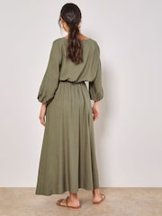 Apricot Green Linen Pleated Full Midi Skirt - Image 4 of 4