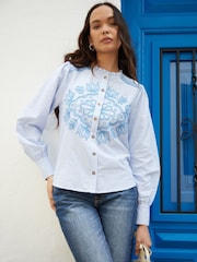 Another Sunday Blue Stripe Embroidered Button Through Frill Collar 100% Cotton Blouse - Image 1 of 4