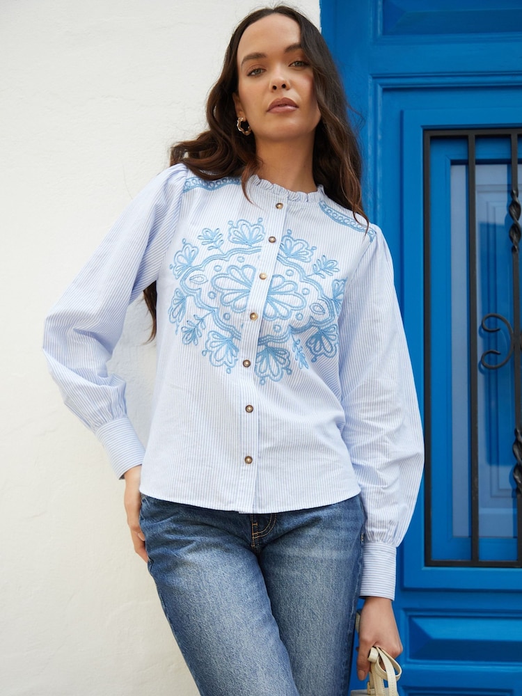 Another Sunday Blue Stripe Embroidered Button Through Frill Collar 100% Cotton Blouse - Image 1 of 4