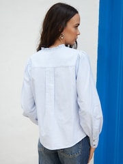 Another Sunday Blue Stripe Embroidered Button Through Frill Collar 100% Cotton Blouse - Image 2 of 4
