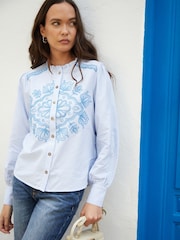 Another Sunday Blue Stripe Embroidered Button Through Frill Collar 100% Cotton Blouse - Image 3 of 4