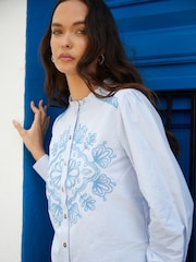 Another Sunday Blue Stripe Embroidered Button Through Frill Collar 100% Cotton Blouse - Image 4 of 4