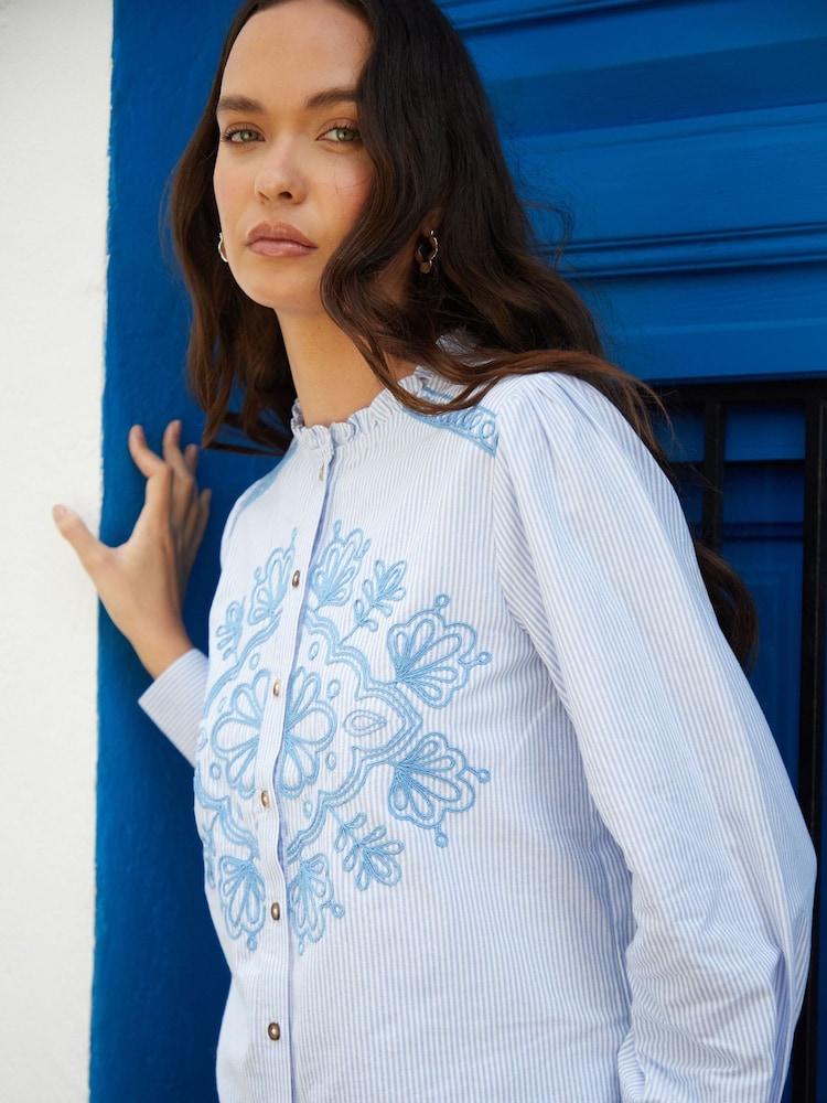 Another Sunday Blue Stripe Embroidered Button Through Frill Collar 100% Cotton Blouse - Image 4 of 4