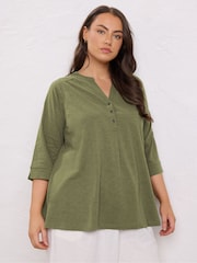 Evans Pleated Front 100% Cotton Henley Blouses - Image 1 of 5