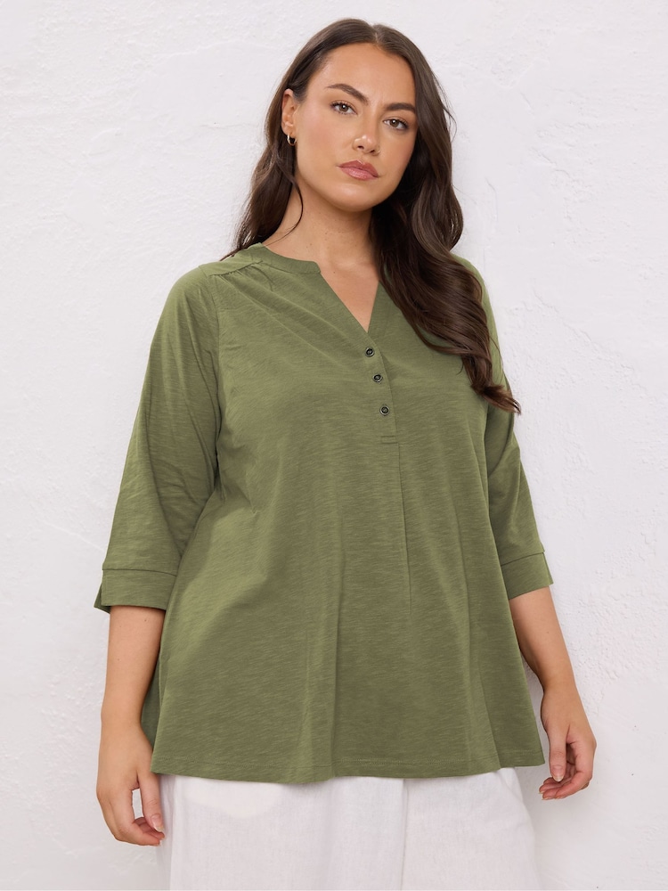 Evans Pleated Front 100% Cotton Henley Blouses - Image 1 of 5