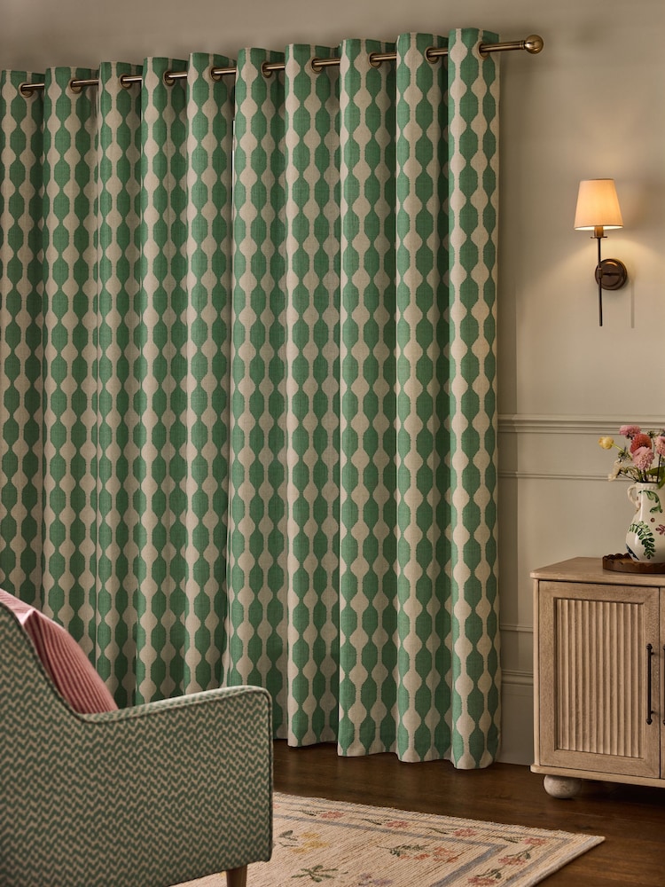 Green/Natural Wiggle Print Touch of Linen Eyelet Lined Curtains - Image 2 of 5 Green/Natural Wiggle Print Touch of Linen Eyelet Lined Curtains - Image 2 of 5