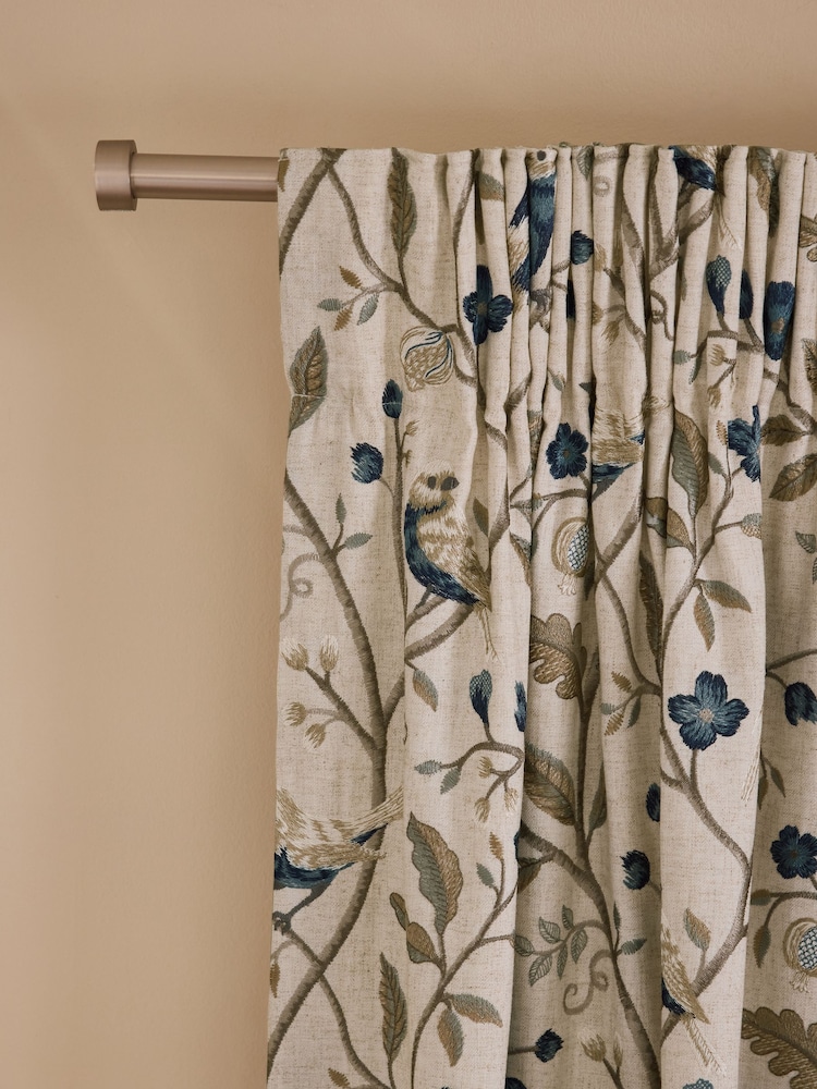Natural/Blue Collection Luxe Embroidered Birds Pencil Pleat Lined Curtains - Image 1 of 5