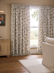 Natural/Blue Collection Luxe Embroidered Birds Pencil Pleat Lined Curtains - Image 2 of 5