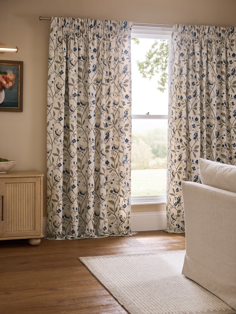 Natural/Blue Collection Luxe Embroidered Birds Pencil Pleat Lined Curtains - Image 2 of 5