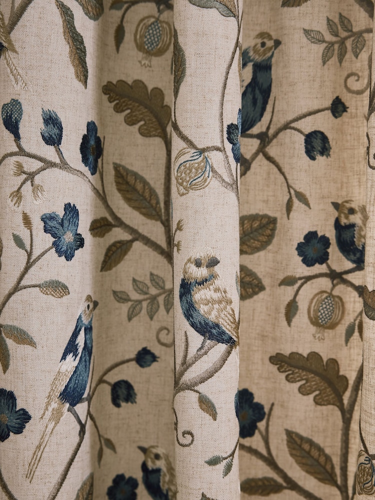 Natural/Blue Collection Luxe Embroidered Birds Pencil Pleat Lined Curtains - Image 5 of 5