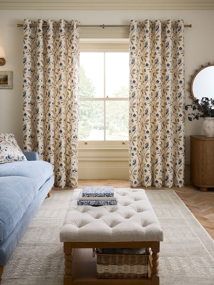 Natural/Blue Collection Luxe Embroidered Birds Eyelet Lined Curtains - Image 1 of 5
