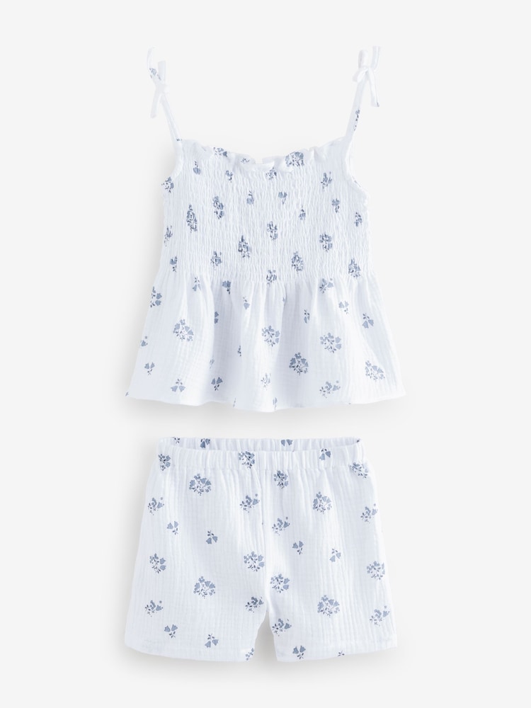 The White Company 100% Organic Cotton Crinkle Elodie Floral Tie Shoulder White Top and Shorts Set - Image 1 of 1