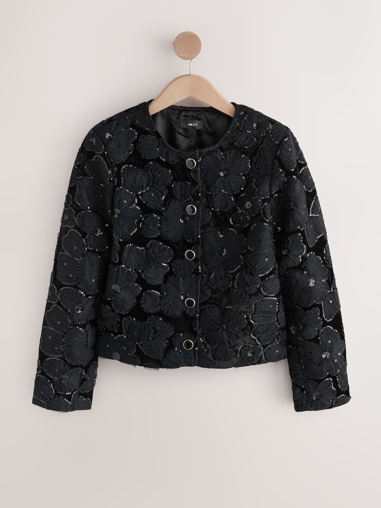 Black Velvet Sequin Floral Embroidered Jacket - Image 1 of 3 Black Velvet Sequin Floral Embroidered Jacket - Image 1 of 3
