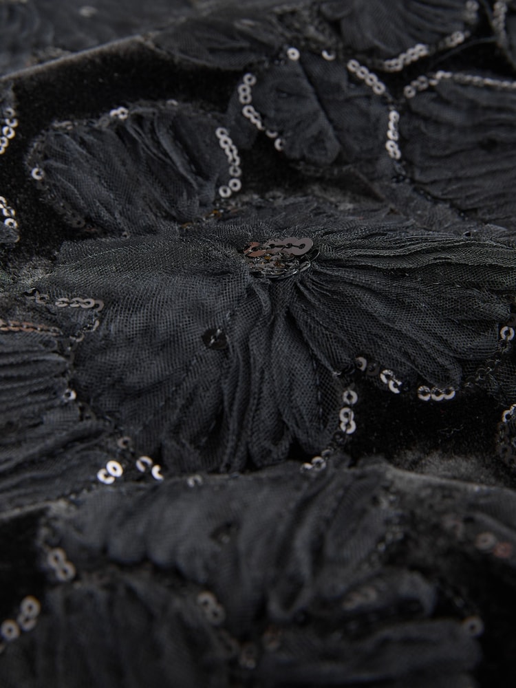 Black Velvet Sequin Floral Embroidered Jacket - Image 2 of 3 Black Velvet Sequin Floral Embroidered Jacket - Image 2 of 3