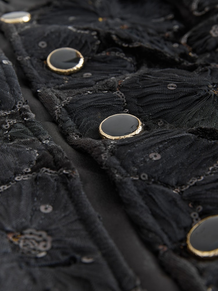 Black Velvet Sequin Floral Embroidered Jacket - Image 7 of 7 Black Velvet Sequin Floral Embroidered Jacket - Image 7 of 7