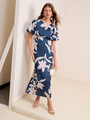 Friends Like These Navy Floral Print Satin Puff Sleeve Scoop Neck Midi Dress - Image 1 of 4
