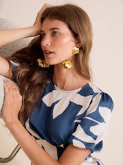 Friends Like These Navy Floral Print Satin Puff Sleeve Scoop Neck Midi Dress - Image 2 of 4