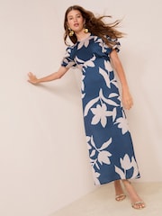 Friends Like These Navy Floral Print Satin Puff Sleeve Scoop Neck Midi Dress - Image 3 of 4