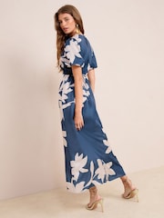 Friends Like These Navy Floral Print Satin Puff Sleeve Scoop Neck Midi Dress - Image 4 of 4