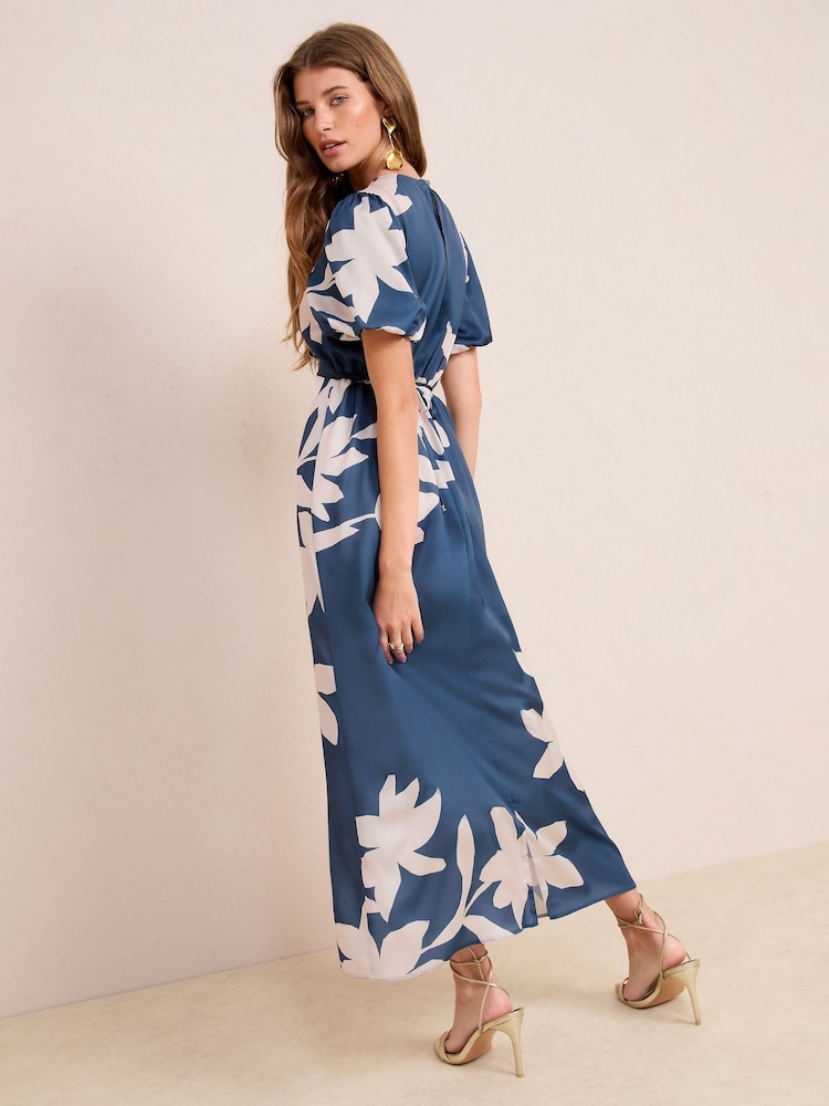Friends Like These Navy Floral Print Satin Puff Sleeve Scoop Neck Midi Dress - Image 4 of 4