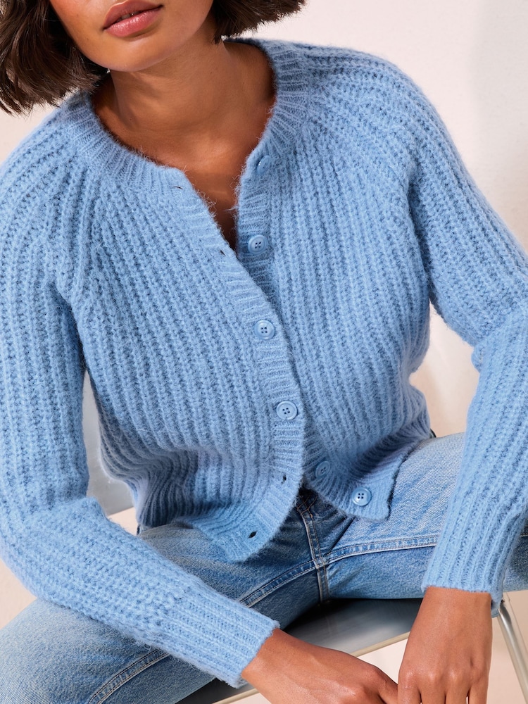Friends Like These Blue Petite Crew Neck Cable Cardigan - Image 1 of 4 Friends Like These Blue Petite Crew Neck Cable Cardigan - Image 1 of 4