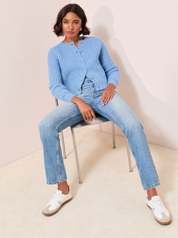 Friends Like These Blue Petite Crew Neck Cable Cardigan - Image 2 of 4 Friends Like These Blue Petite Crew Neck Cable Cardigan - Image 2 of 4