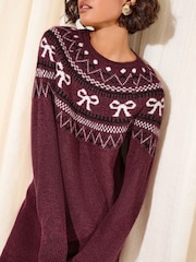 Friends Like These Burgundy Red Petite Fairisle Bow Mini Dress - Image 2 of 5