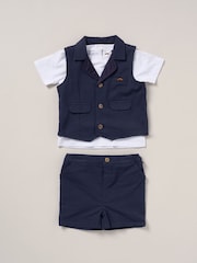Little Gent Blue 100% Cotton T-Shirt Shorts and Waistcoat Outfit Set - Image 1 of 4